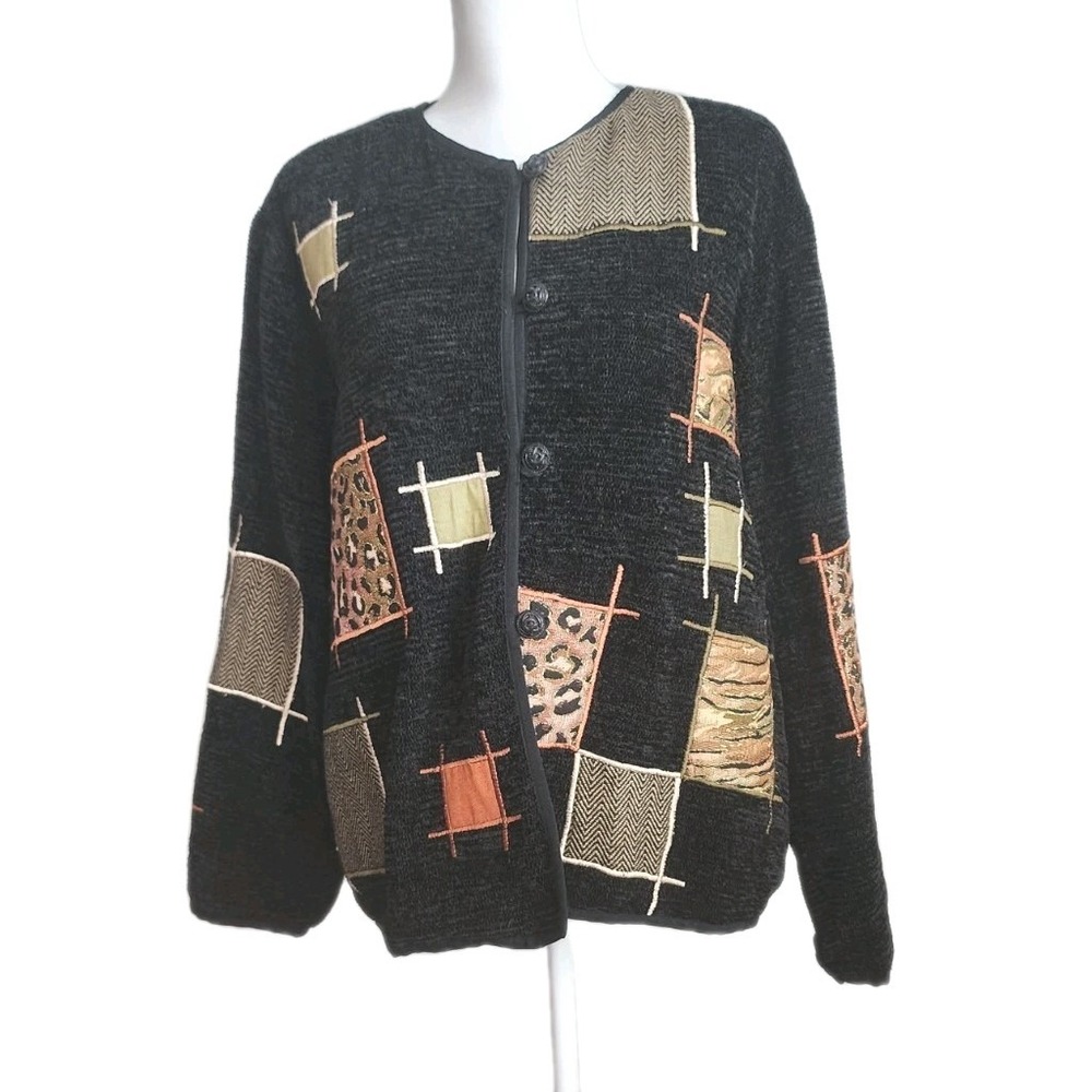 VTG Alex Kim Sweater Womens Large Embroidered Jacket Blazer Black Patchwork 90s